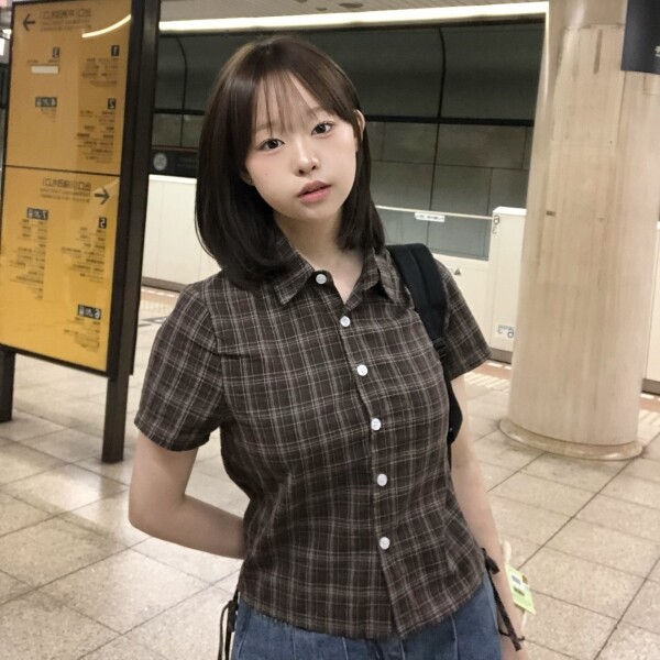 틴스튜디오,keemy 체크 세미크롭 반팔 셔츠